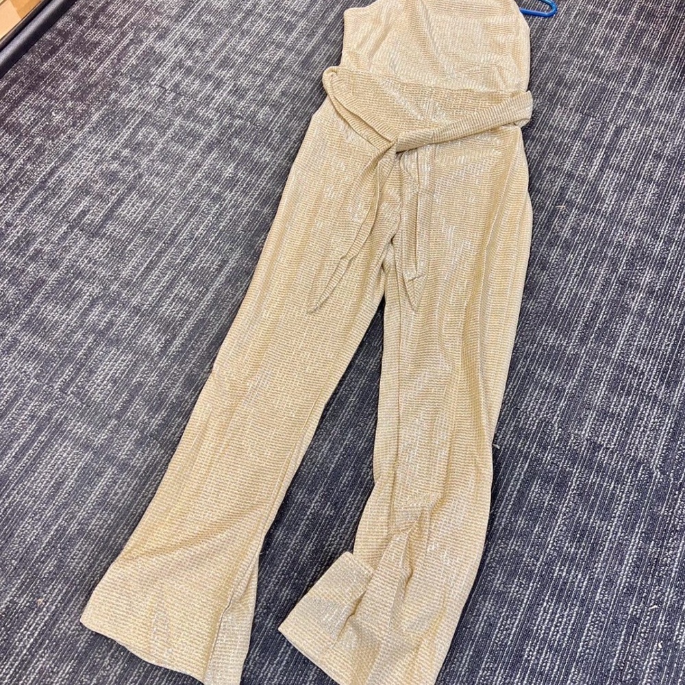 Elegant Metallic Gold Wide-Leg Jumpsuit with Waist Tie